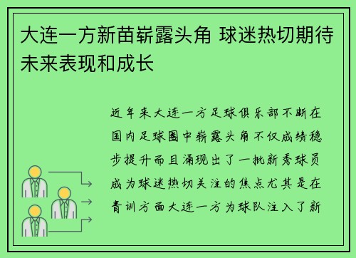 大连一方新苗崭露头角 球迷热切期待未来表现和成长