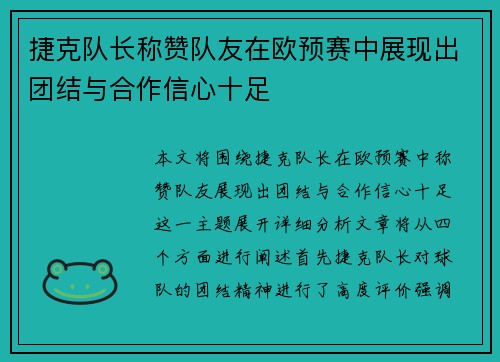 捷克队长称赞队友在欧预赛中展现出团结与合作信心十足