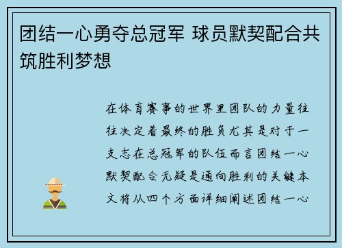 团结一心勇夺总冠军 球员默契配合共筑胜利梦想