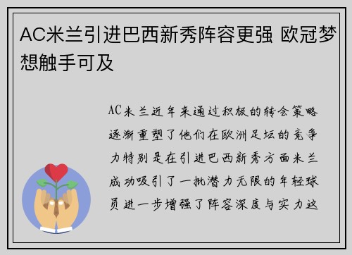 AC米兰引进巴西新秀阵容更强 欧冠梦想触手可及