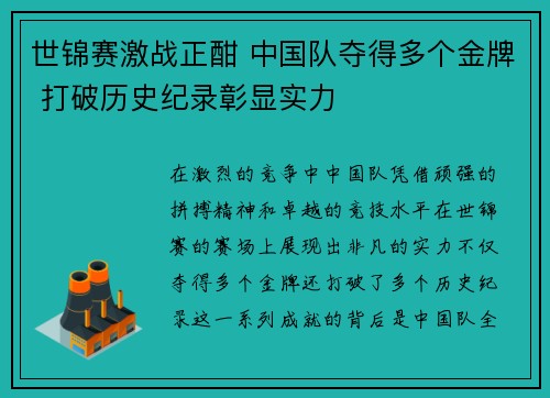 世锦赛激战正酣 中国队夺得多个金牌 打破历史纪录彰显实力