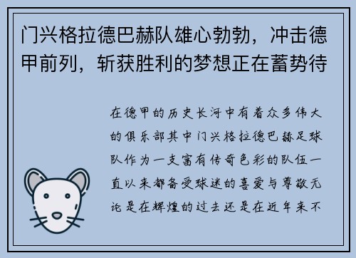 门兴格拉德巴赫队雄心勃勃，冲击德甲前列，斩获胜利的梦想正在蓄势待发！