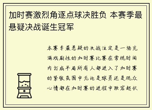 加时赛激烈角逐点球决胜负 本赛季最悬疑决战诞生冠军