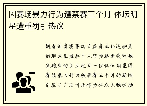 因赛场暴力行为遭禁赛三个月 体坛明星遭重罚引热议